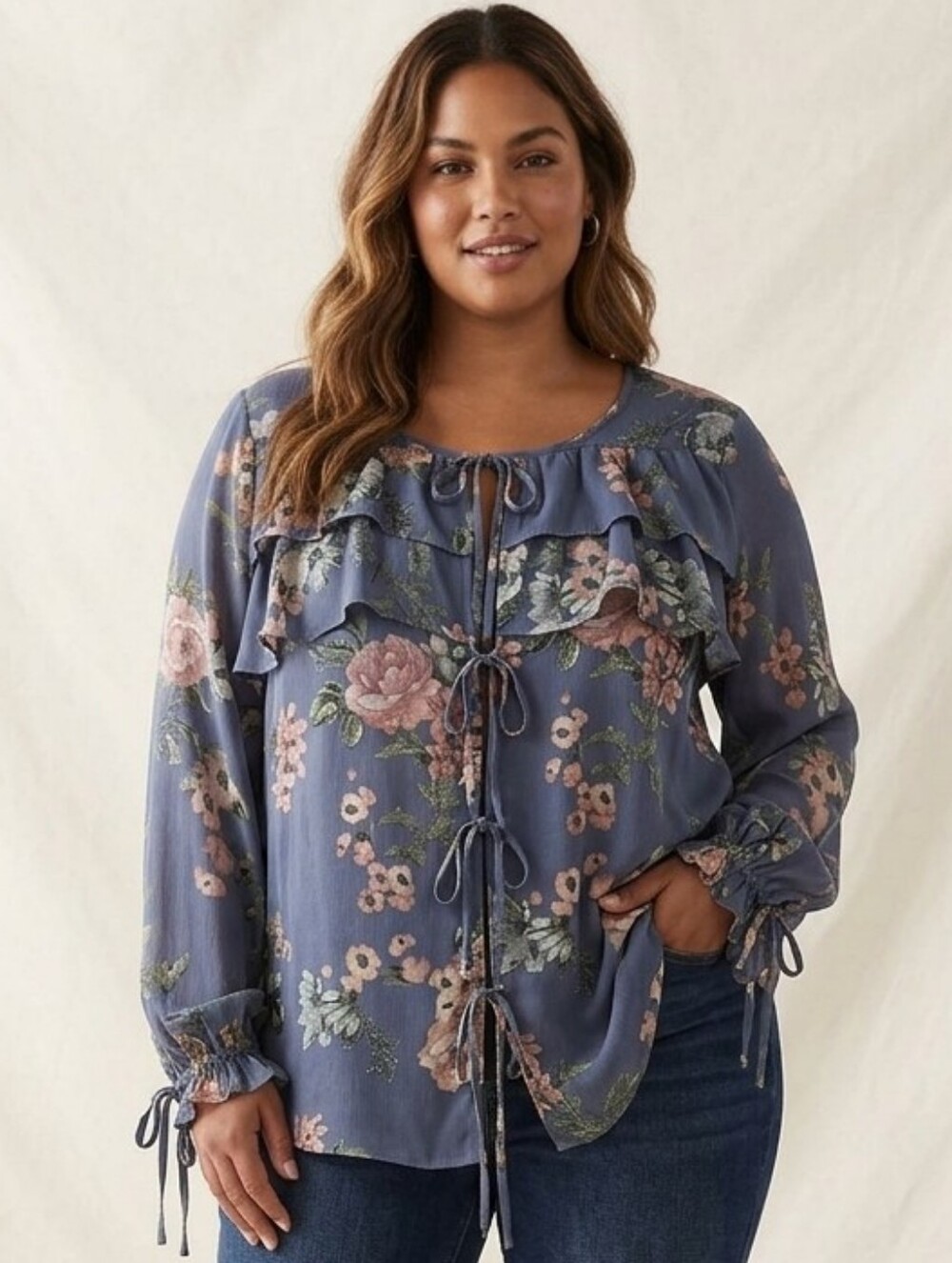 TORRID FESTI Floral Balloon Sleeve Ruffle Tie Front Blouse - NWT
